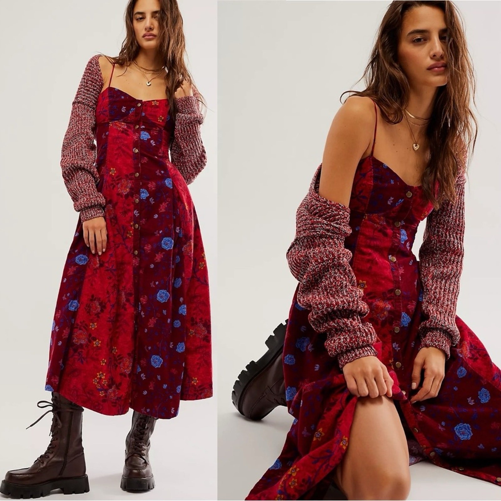 Free People Bohemian Grunge Witchy Corduroy Gail Midi Dress Scarlet Combo Small
