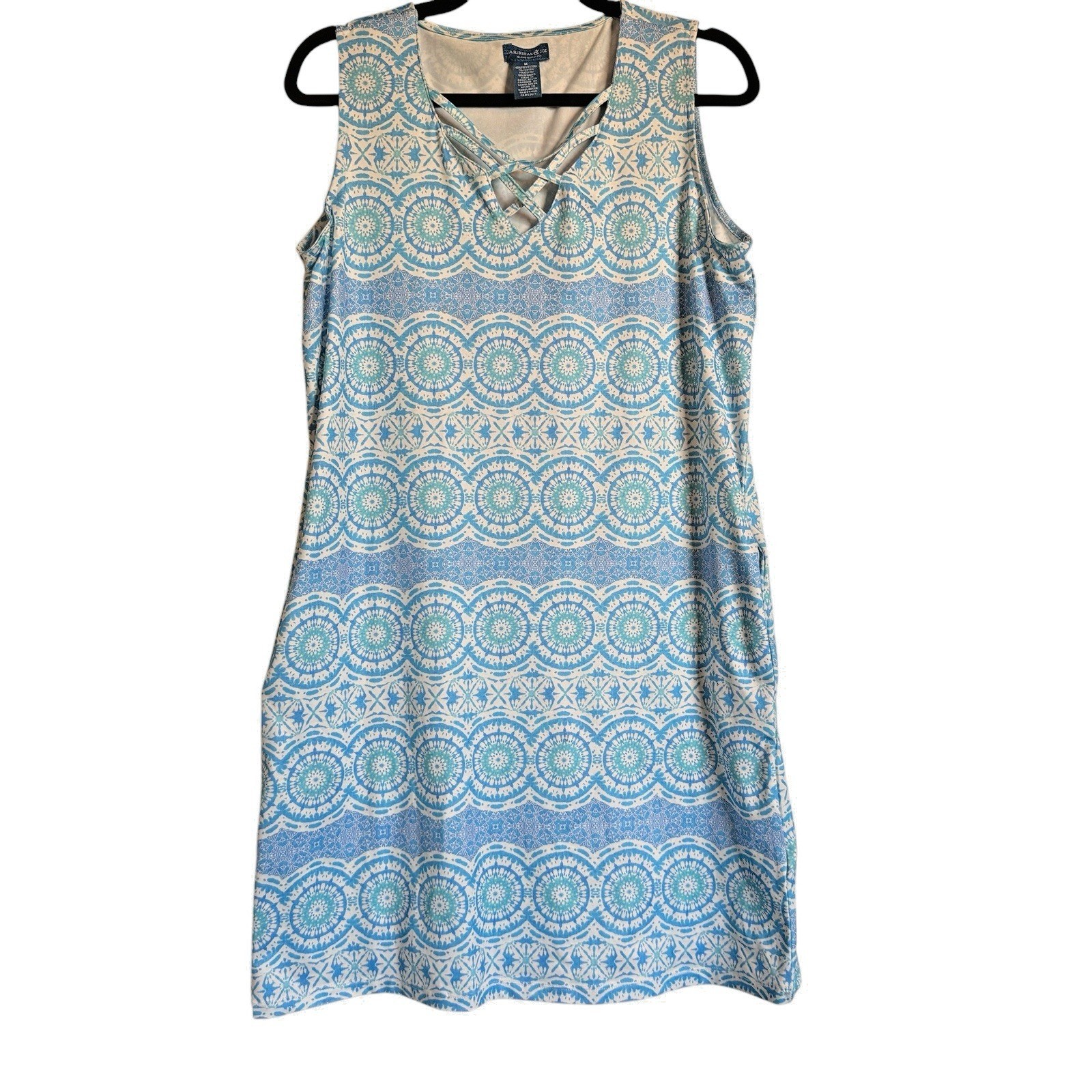 Caribbean Joe Blue Medallion Print Lattice Neck Sleeveless Shift Dress Pockets M