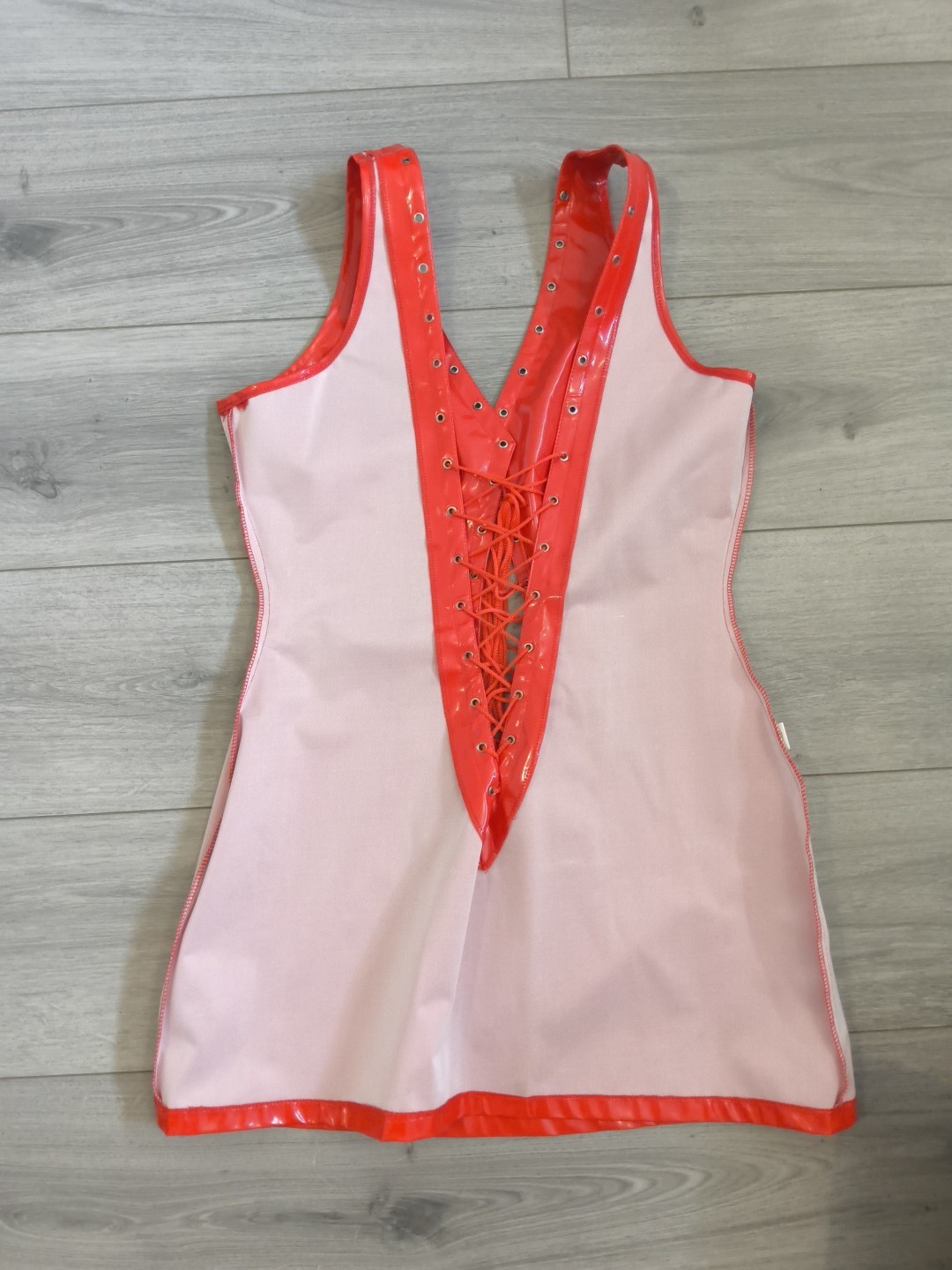 BNWOT Bright Red PVC Plunge Neck Lace Up Front & Back Bodycon Dress Size 10-14