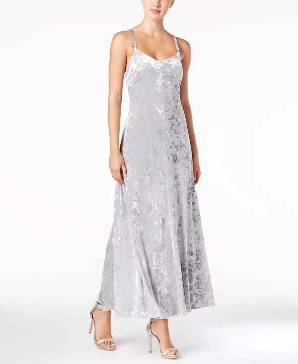 CALVIN KLEIN Strapped Crushed Velvet Slip Silhouette Maxi Dress , XS Silver