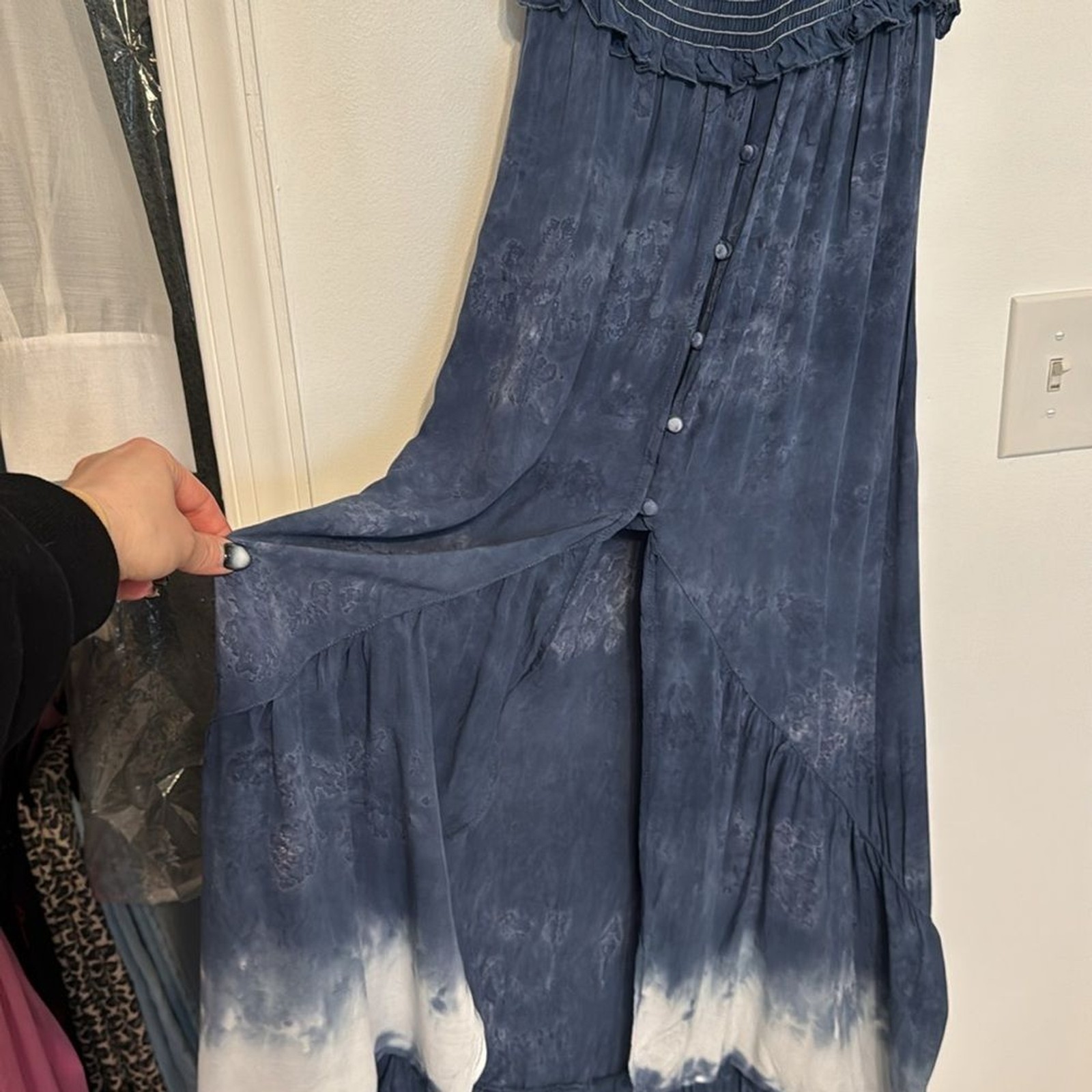 Surf Gypsy Blue Tie Dye Smock Top High-Low Maxi Dress with Flutter Sleeve