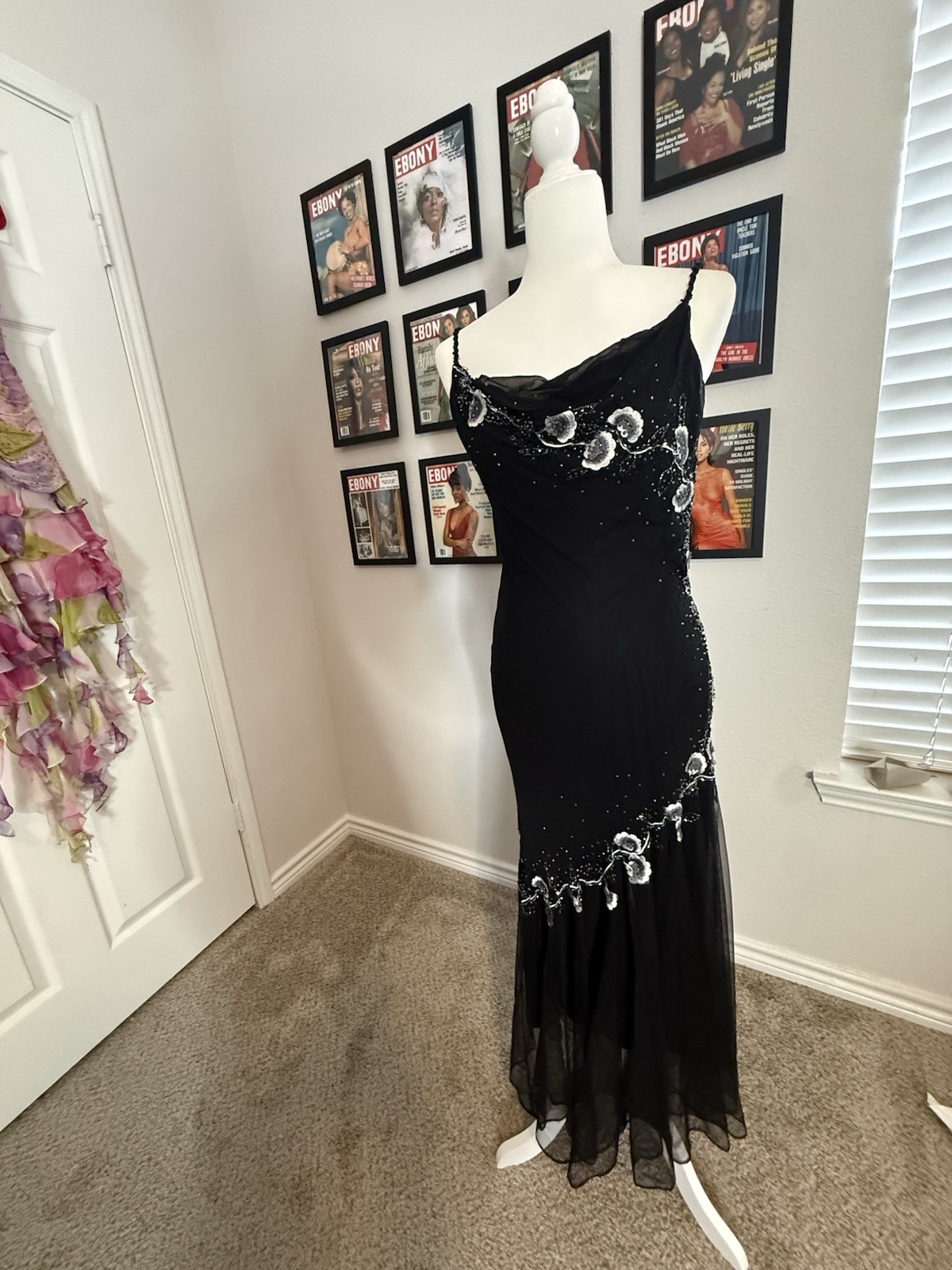 VTG Xscape Y2K Silk Beaded Floral Black Formal Mermaid Cowl Neck Dress Women’s 6
