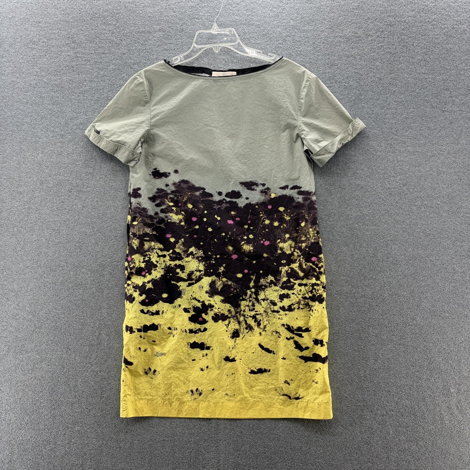 Cacharel Dress 10 Yellow Green Geo Print Cotton Mini Shift Casual Pockets