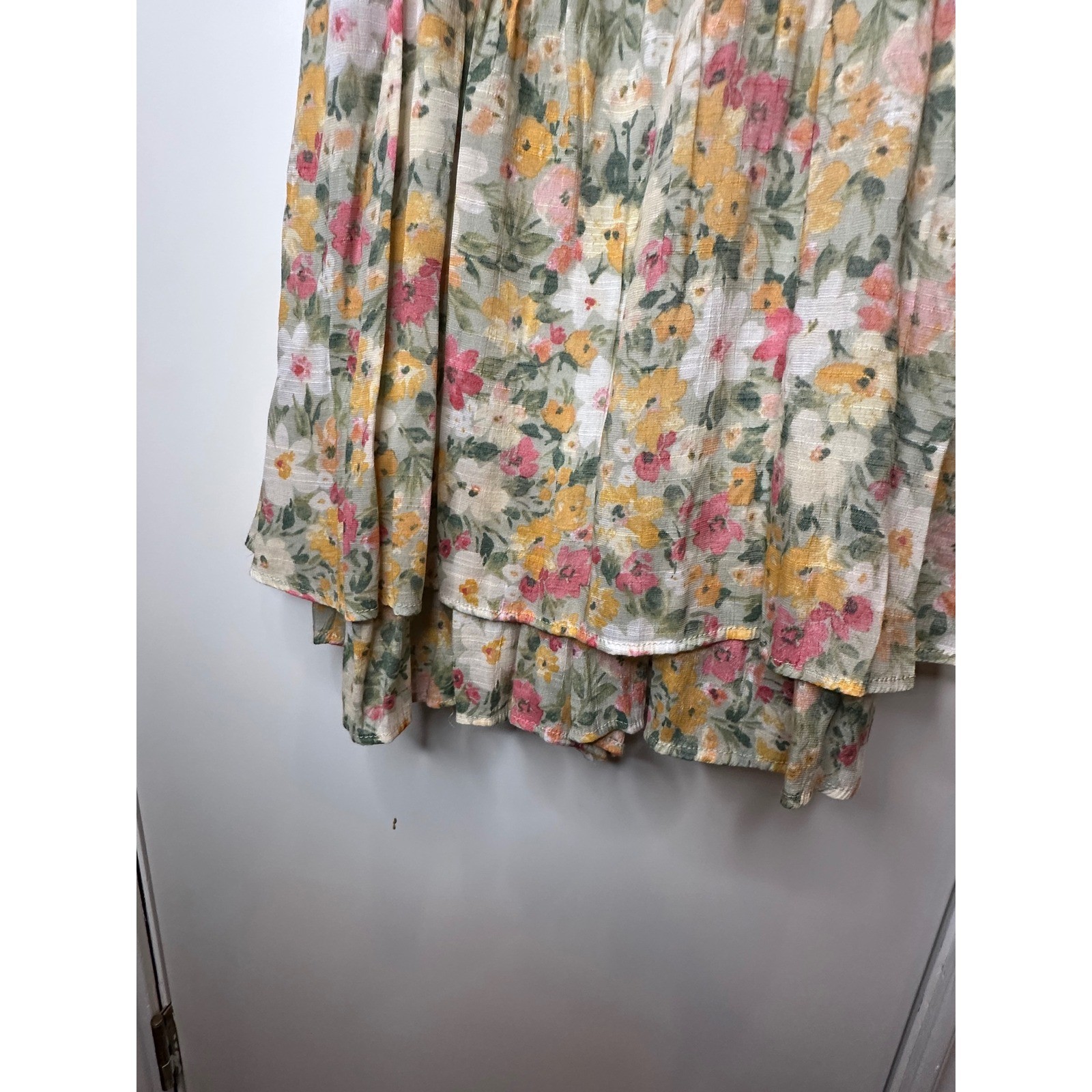 SU WISH Floral Puff Sleeve Mini Dress Yellow Pink Green Ruched Tiered Size M