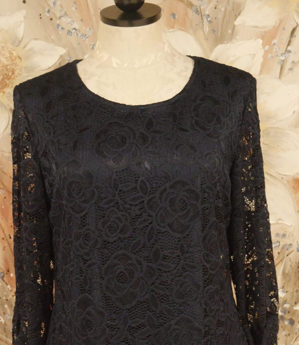 EUC ELEGANT LIZ CLAIBORNE SZ 10 BLUE LACE DRESS SHEER 3/4 SLEEVES / BOTTOM TIES