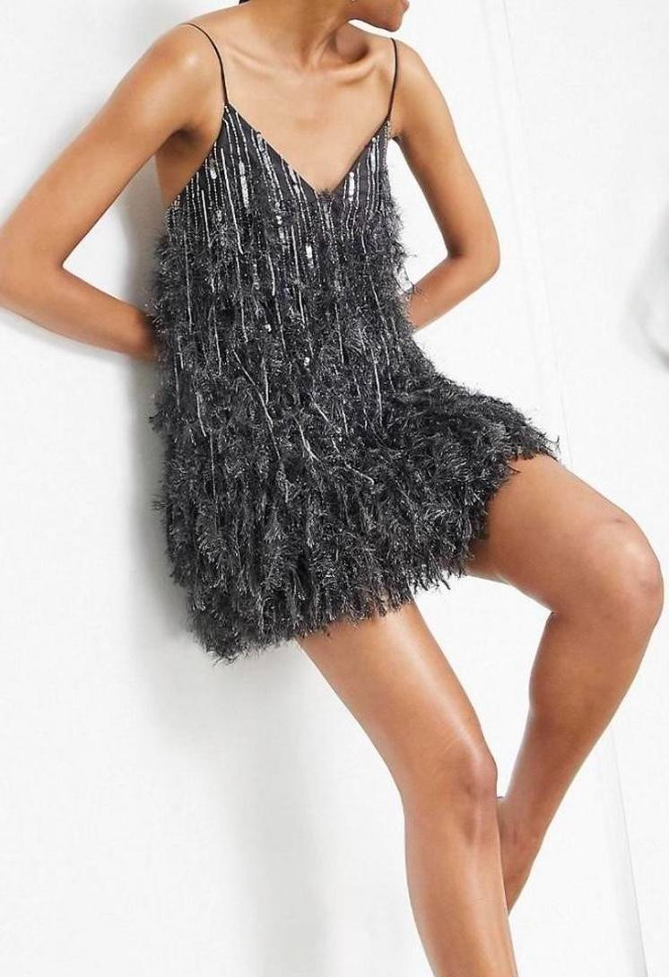 ASOS Edition Sequin and Feather Mini Dress midnight Grey US14 NEW