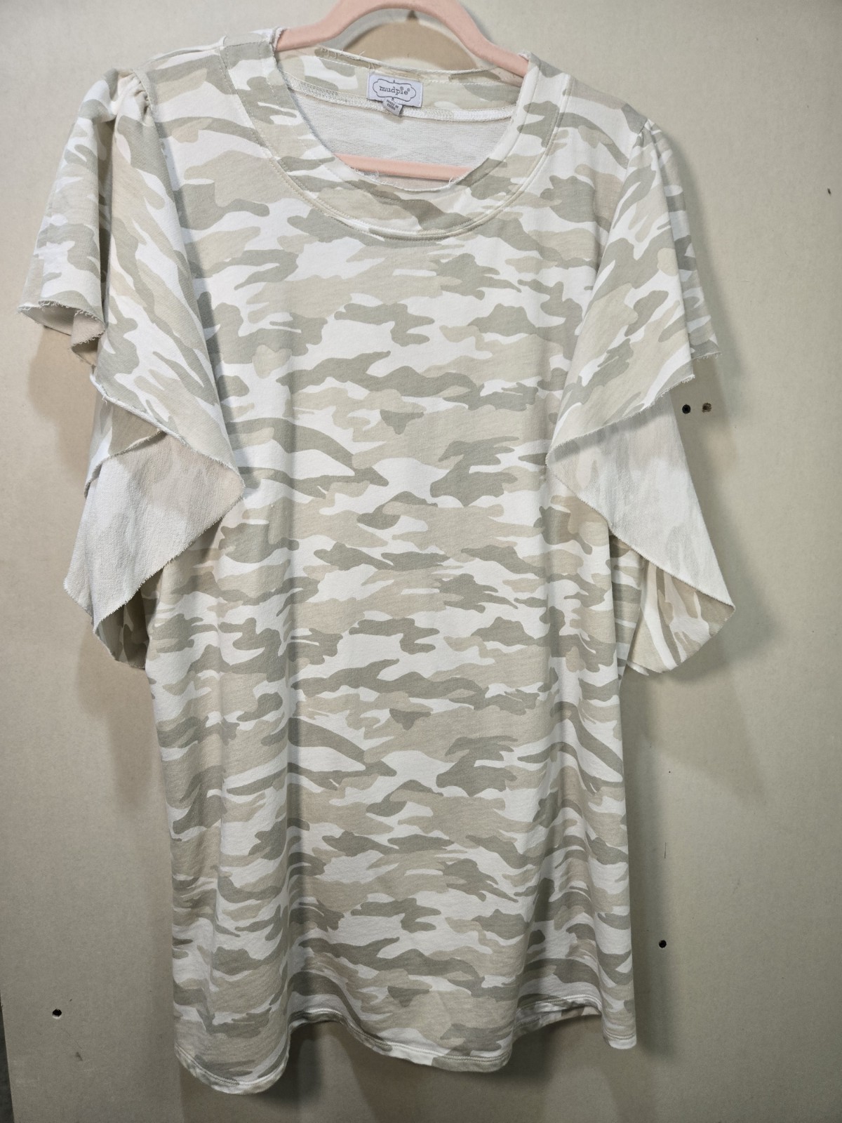 Mud Pie Dress Casual French‑Terry Camo Cascading Raw‑Edge Ruffle Sleeves Sz XL