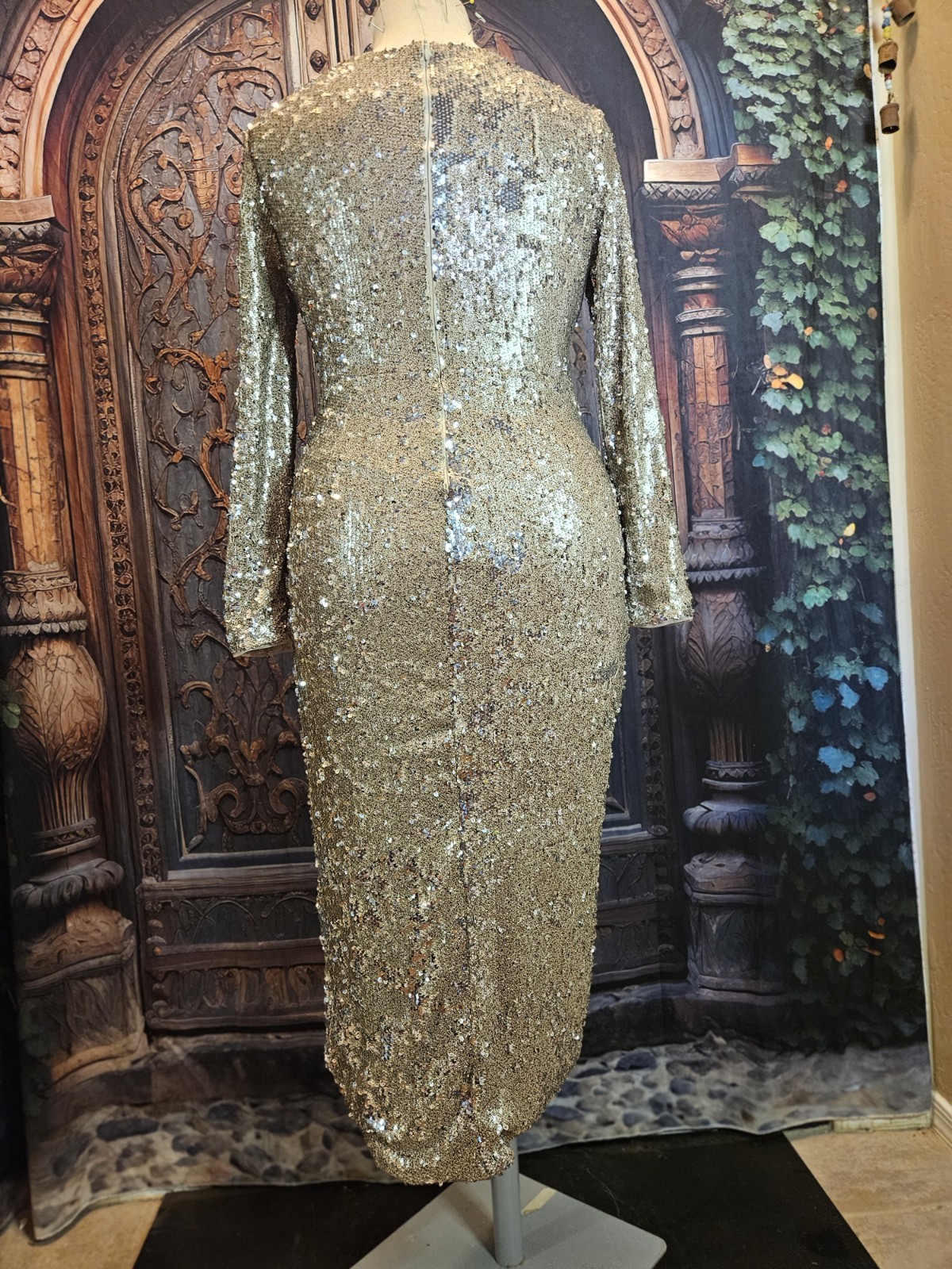 TFNC SARALEE MIDI Gold Silver Sequin Faux Wrap Dress Red Carpet UK 12 USA 8