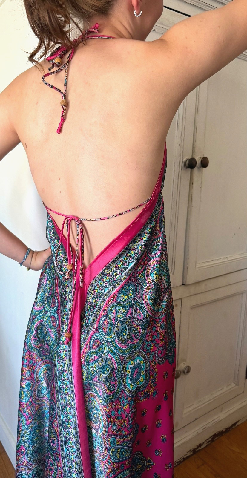 long satin boho dress hot pink turquoise halter top low back excellent condition