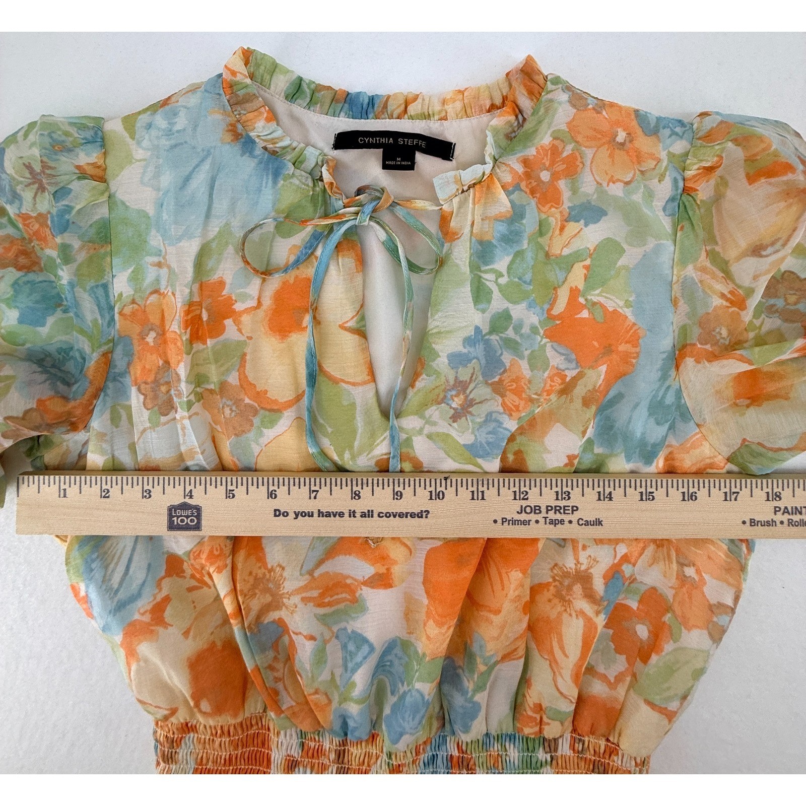 Cynthia Steffe Womens M Floral Midi Dress Smocked Waist Puff Sleeve Boho
