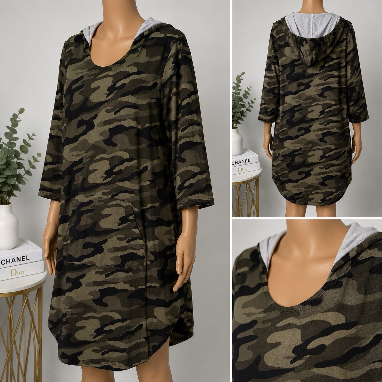 Derek Heart Camo Hooded Dress 2X Plus Size Long Sleeve Dress Kangaroo Pocket