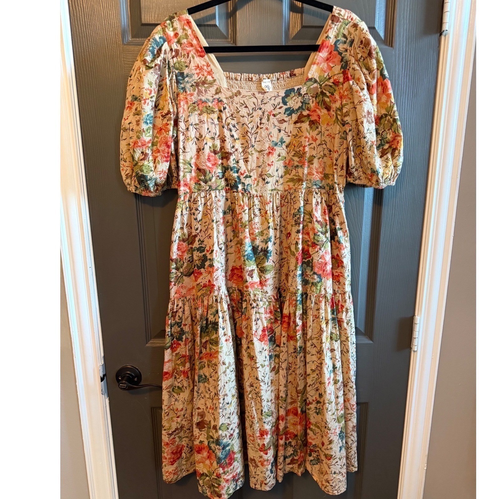 Uncle Frank Floral Eyelet Tiered Midi Dress Puff Sleeve Boho Cottagecore Medium
