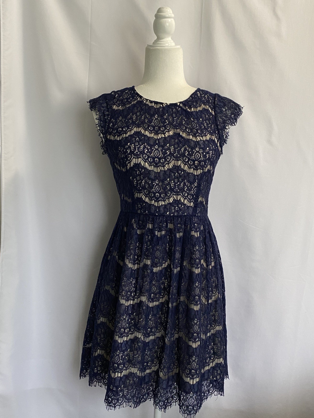 Maeve Anthropologie Blue Tan Lined Lace Short Sleeve Midi Dress Size XSmall