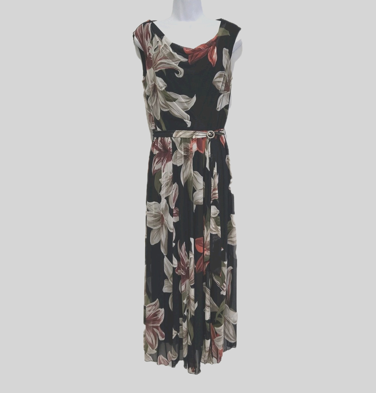 ALEXA B Nites Dark Navy Floral Maxi Women’s Lined Dress Sash Belt w/ Broach 10