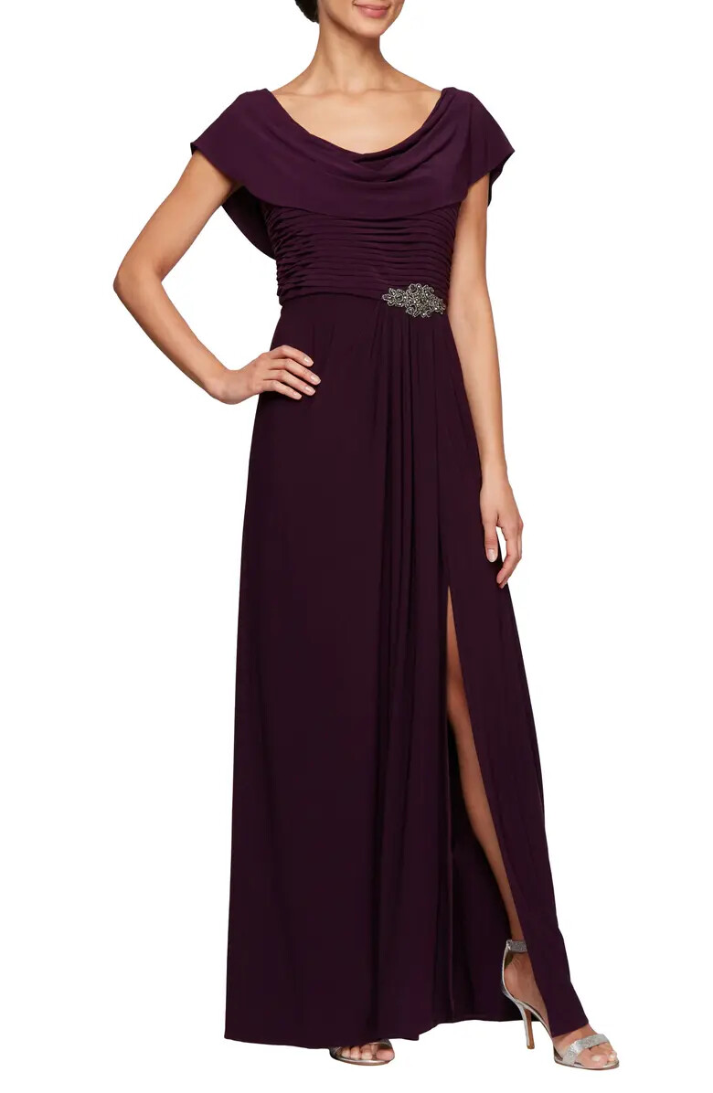 Alex Evenings Eggplant Purple Cowl Neck Beaded Waist Gown Size 20W $185