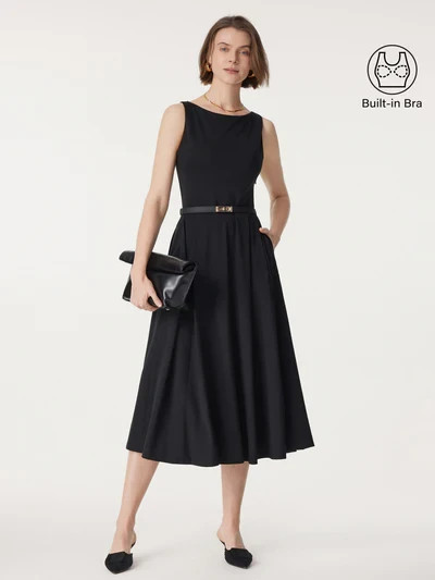 OGLmove Success Boatneck Midi Ponte Dress with Pockets Office Work Wear Black