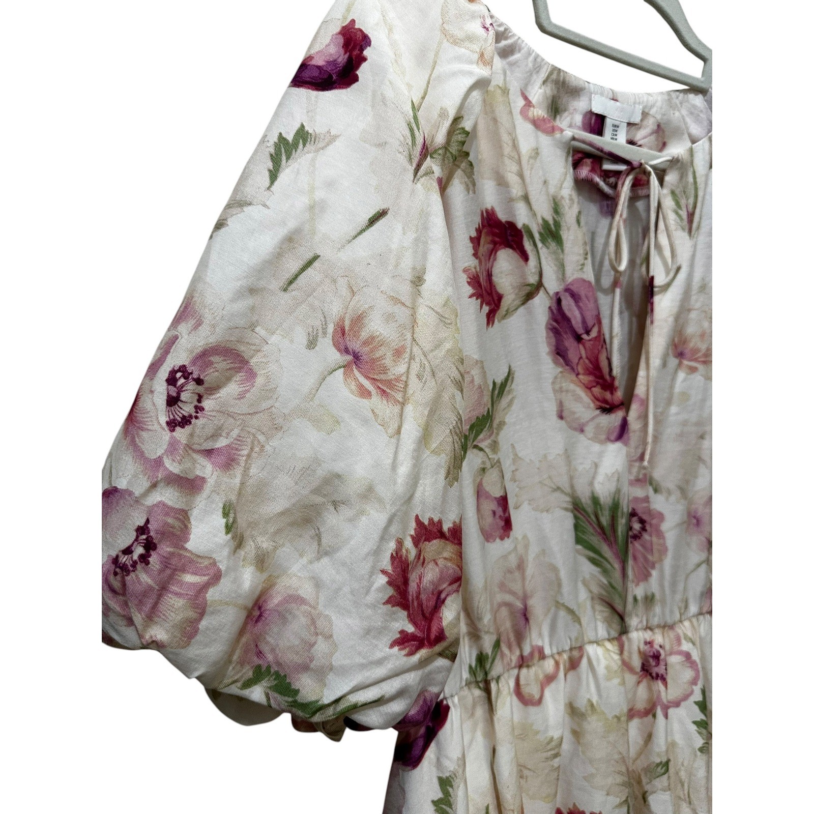H&M Floral Linen Blend Puff Sleeve Mini Dress Cream Pink Cottagecore Womens M