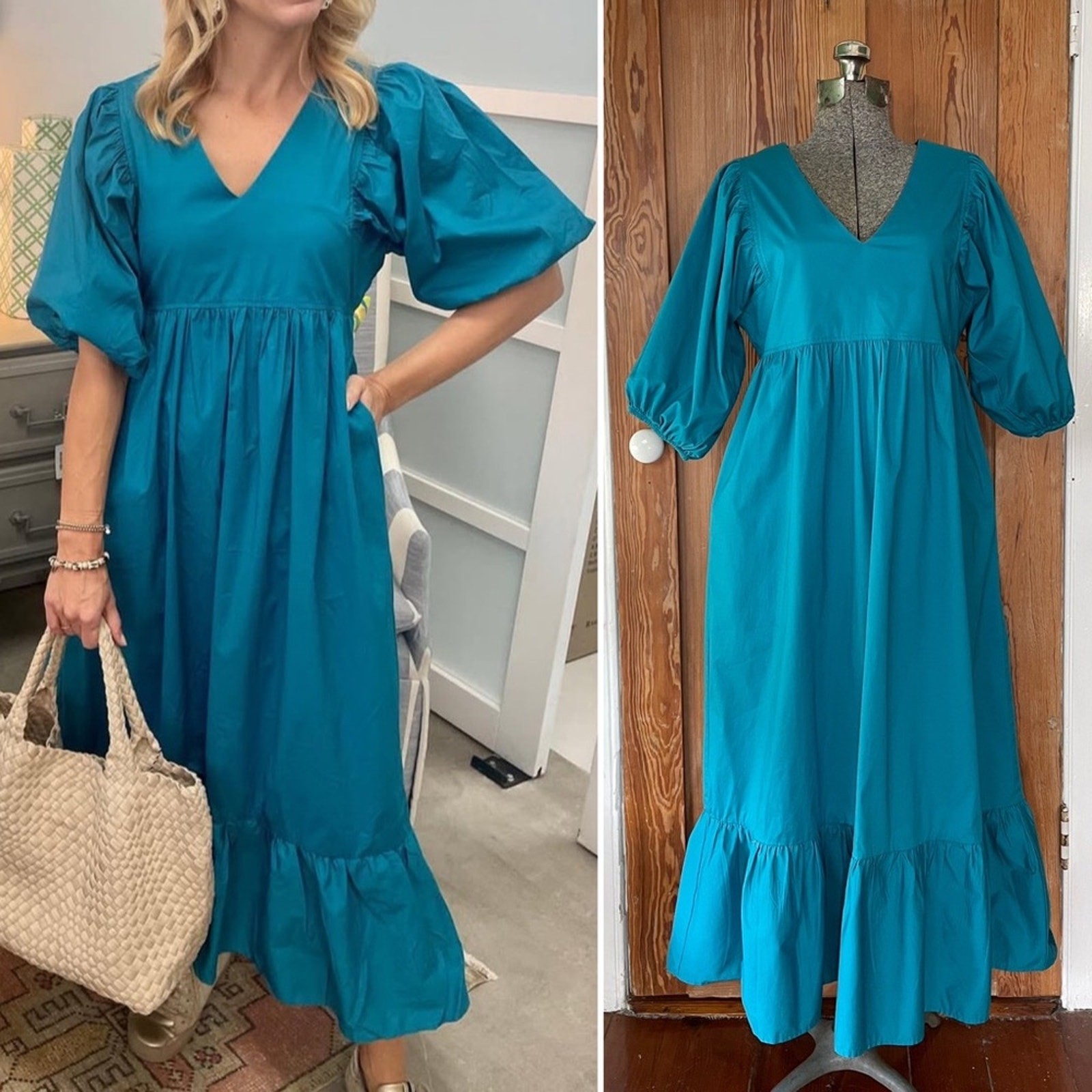Karlie Poplin Cotton Maxi Prairie Peasant Puff Sleeve Ruffle Dress – Sz M 🧡🎀
