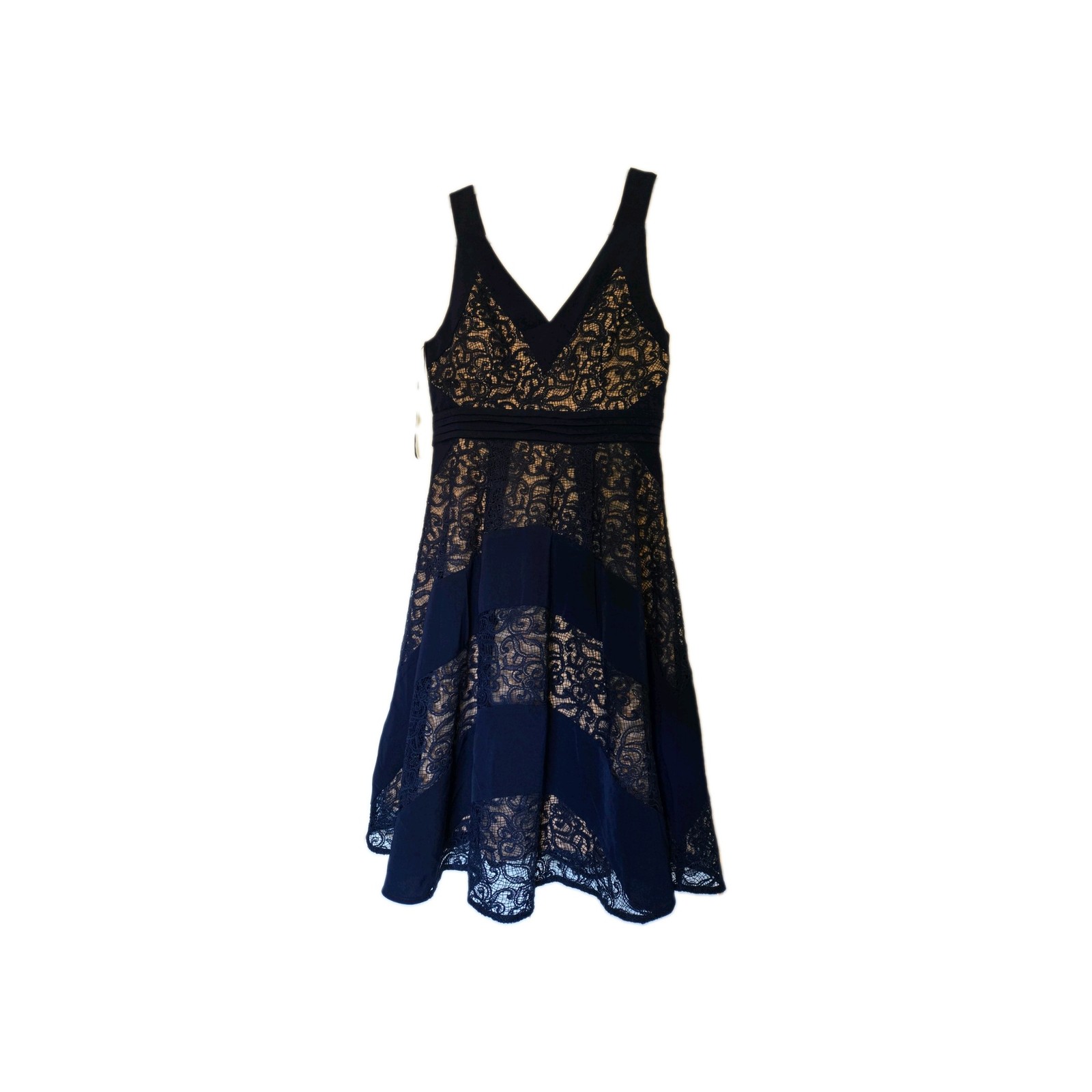 HARLYN MIXED LACE FIT FLARE NAVY/NUDE DRESS sz L