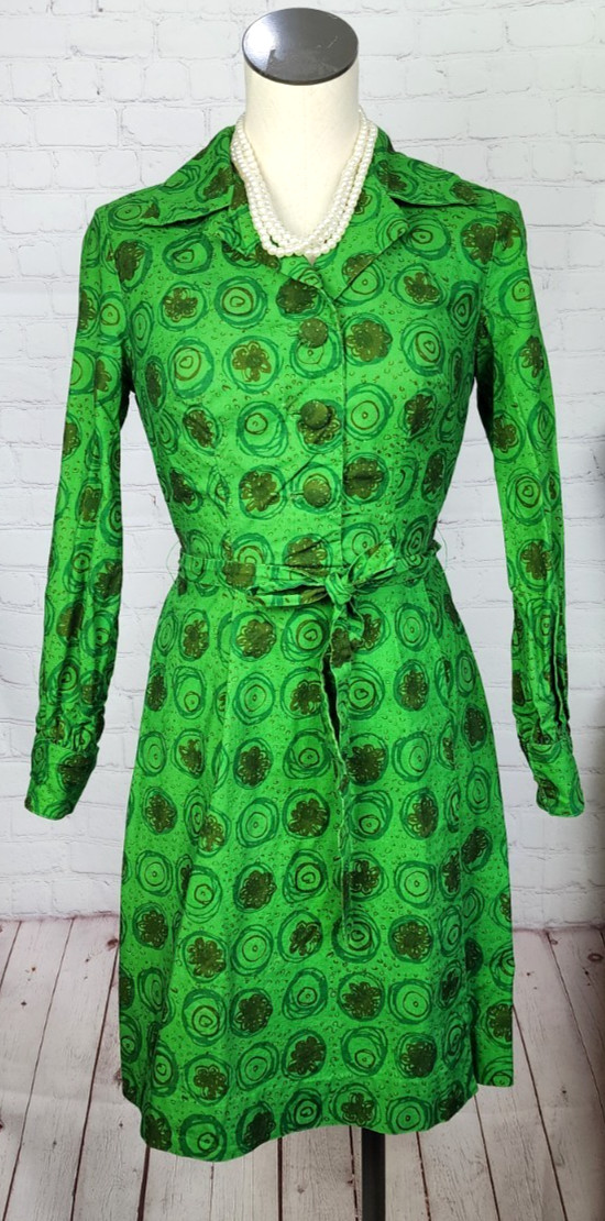 Vintage 60’s Shirt Dress Kelly Green Side Tie Office Wear To Work MOD Size S