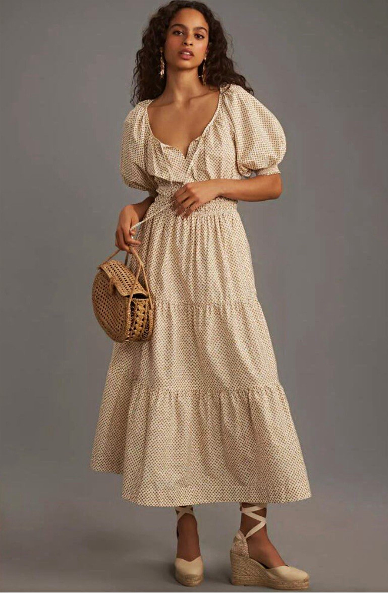 Anthropologie Polka Dot Smocked Puff Sleeve Midi Dress w/ Pockets Size M
