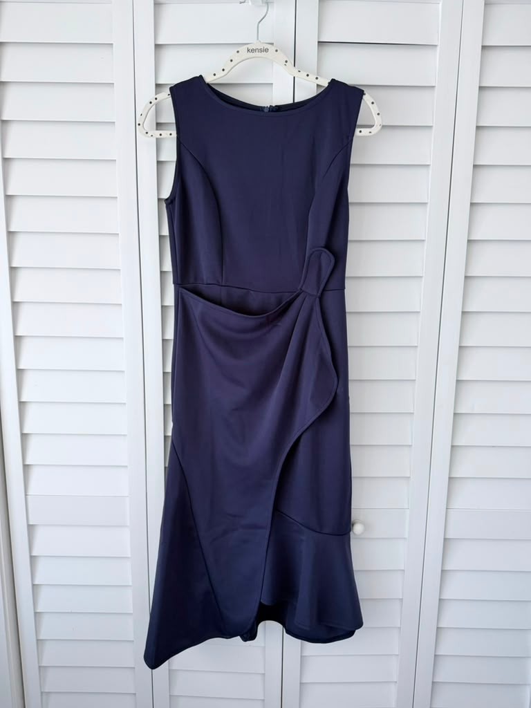 Elegant Navy Blue Sleeveless Draped Wrap Midi Dress Side Slit Lined Size M