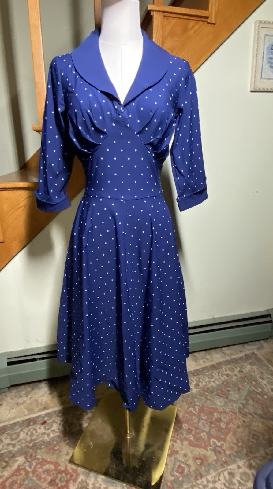 Gown Town Womens Sz S Vintage Inspired Fit & Flare Dress Midi Blue Polka Dot