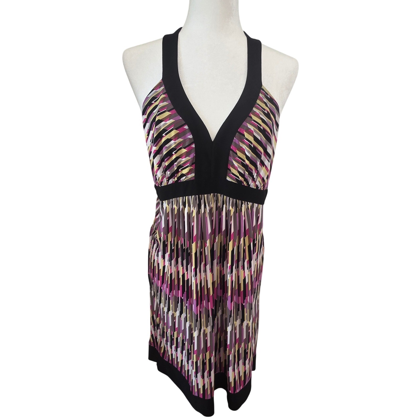 Max and Cleo Halter Dress Mini Geometric Black Yellow Purple Retro Y2K Party 12