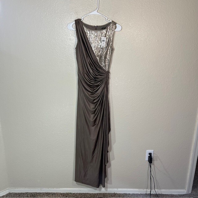 Tadashi Shoji Dress Womens Petite Small PS Maxi Gown Bronze Sequin Tank NEW