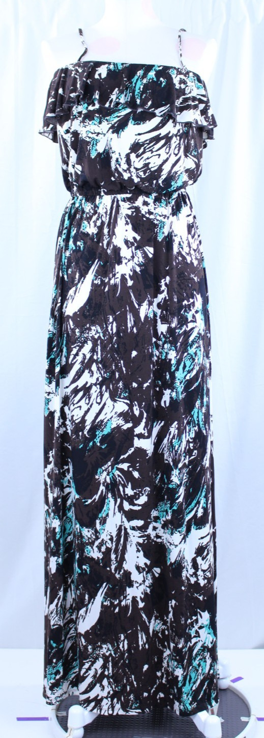 ABS Allen B Schwartz Ruffle Maxi Long Brown White Teal Adjustable Straps M