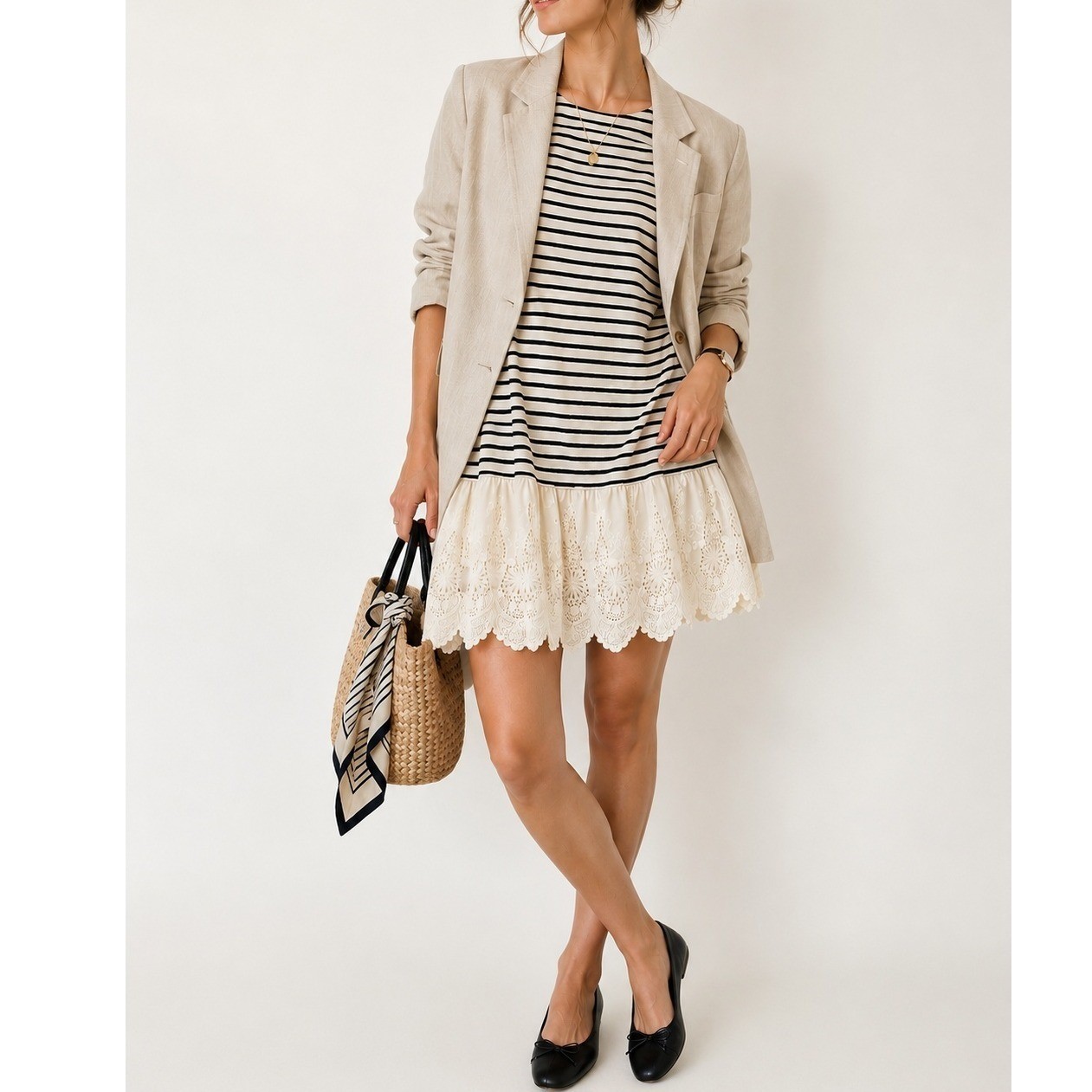 Soft Surroundings Striped Lace Hem Top Button Shoulder Cream Black PL Petite L
