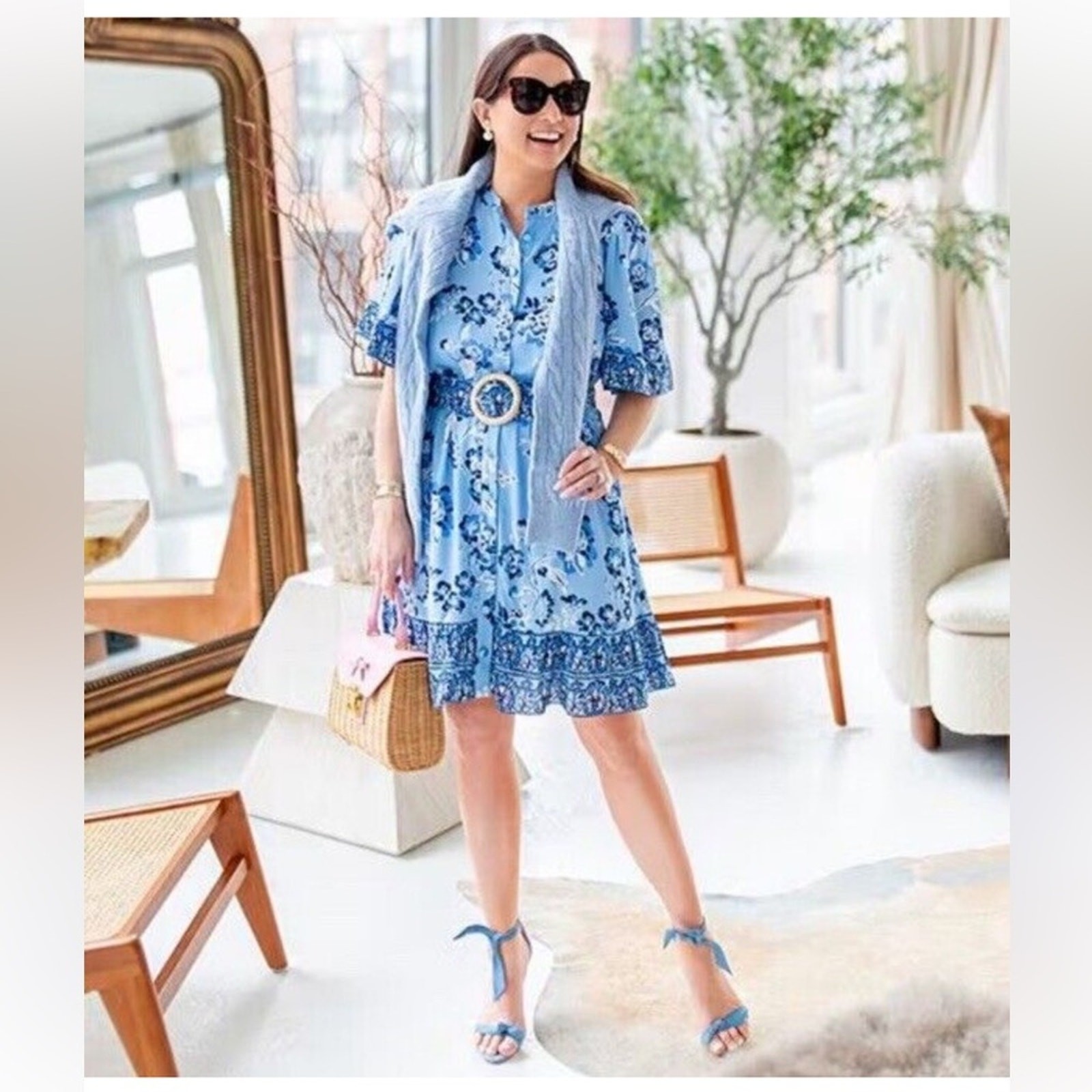 Sail to Sable Charade Placid Floral Ruffle Shirt Dress Belted NWT Womens Large