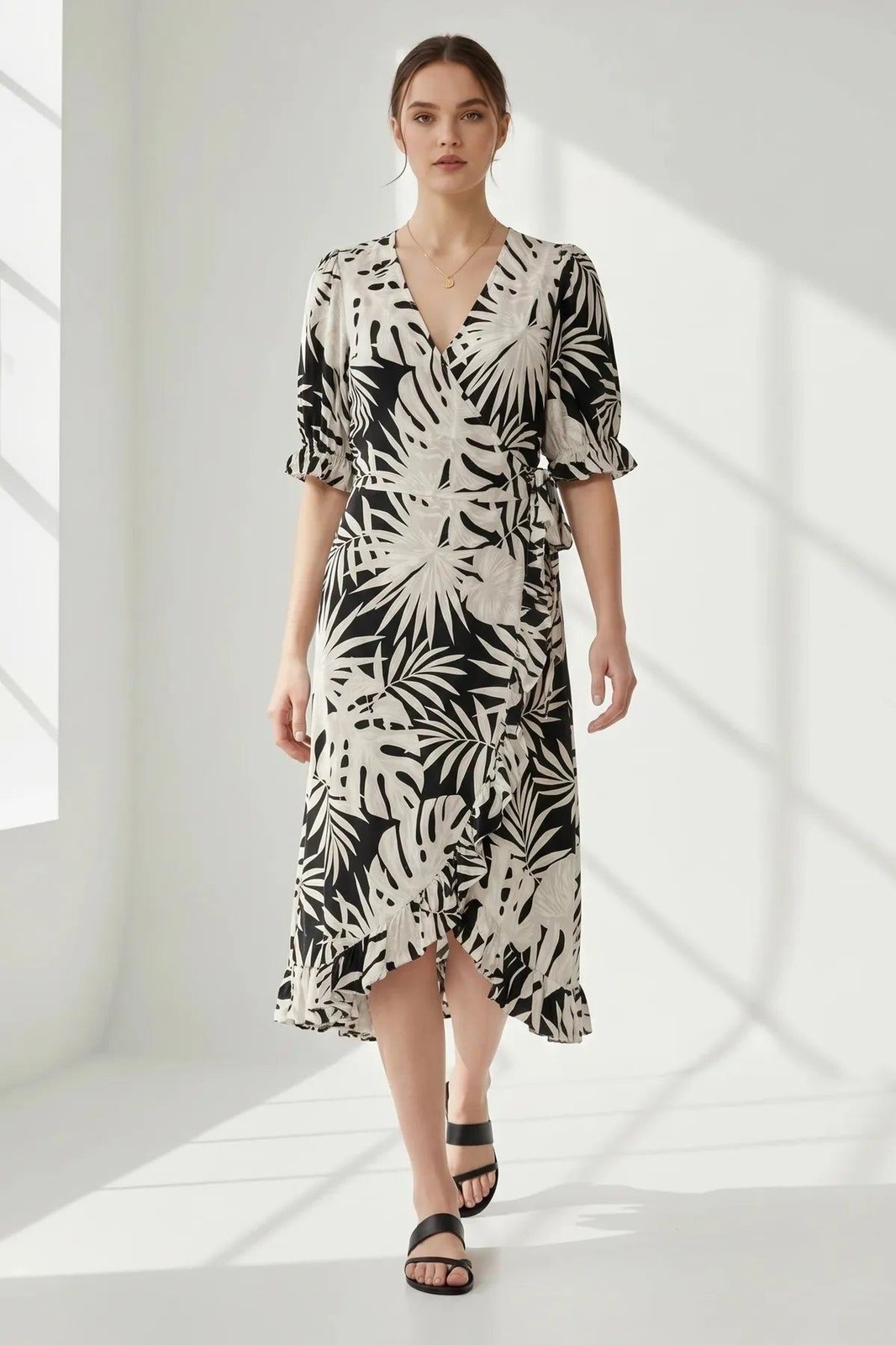 Beige Black Ivory Palm Leaf Summer Wrap Dress
