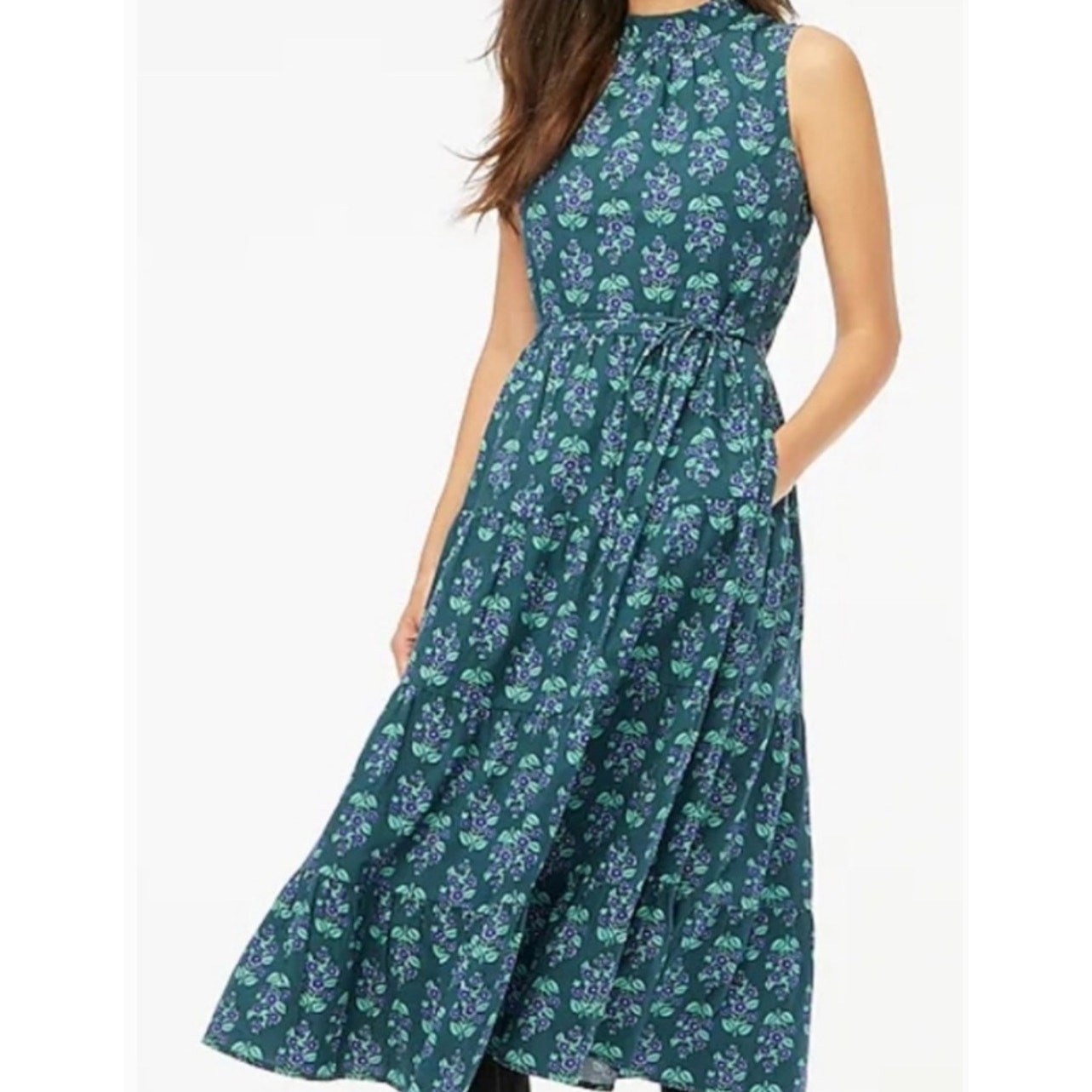 J. Crew Printed Mock Neck Tiered Midi Dress Warm Spruce Green Blue Size 16 NWT