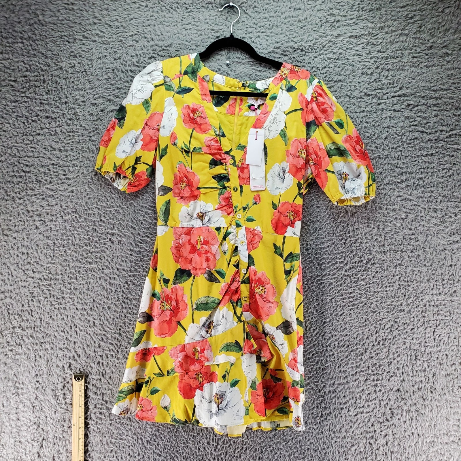 Parker Dress Wiomens 10 Yellow Floral Knee Length Short Puff Sleeve *NWT*