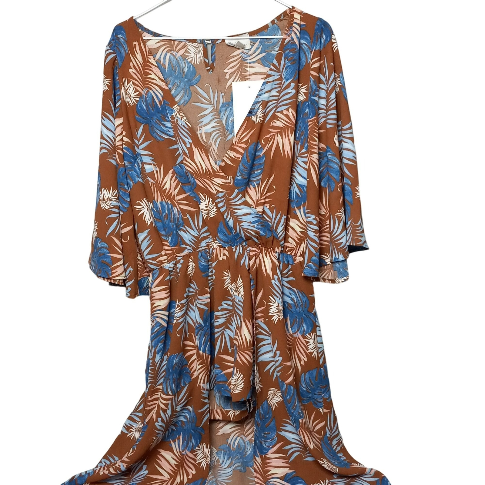 BluHeaven Mini Maxi Dress Women Small Tropical Beachy Boho V Neck Brown Blue NWT