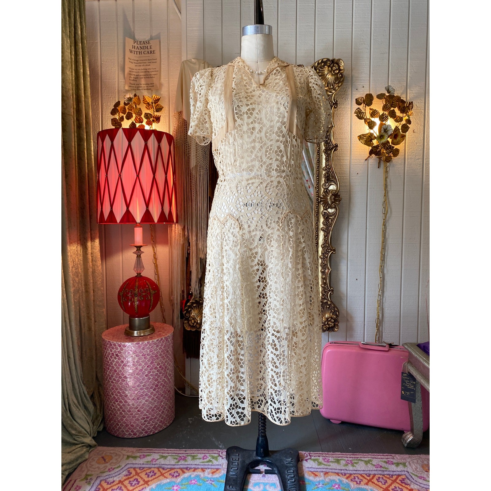 vintage 1940s cream guipure lace dress 40s fashion sheer puff sleeve wedding m