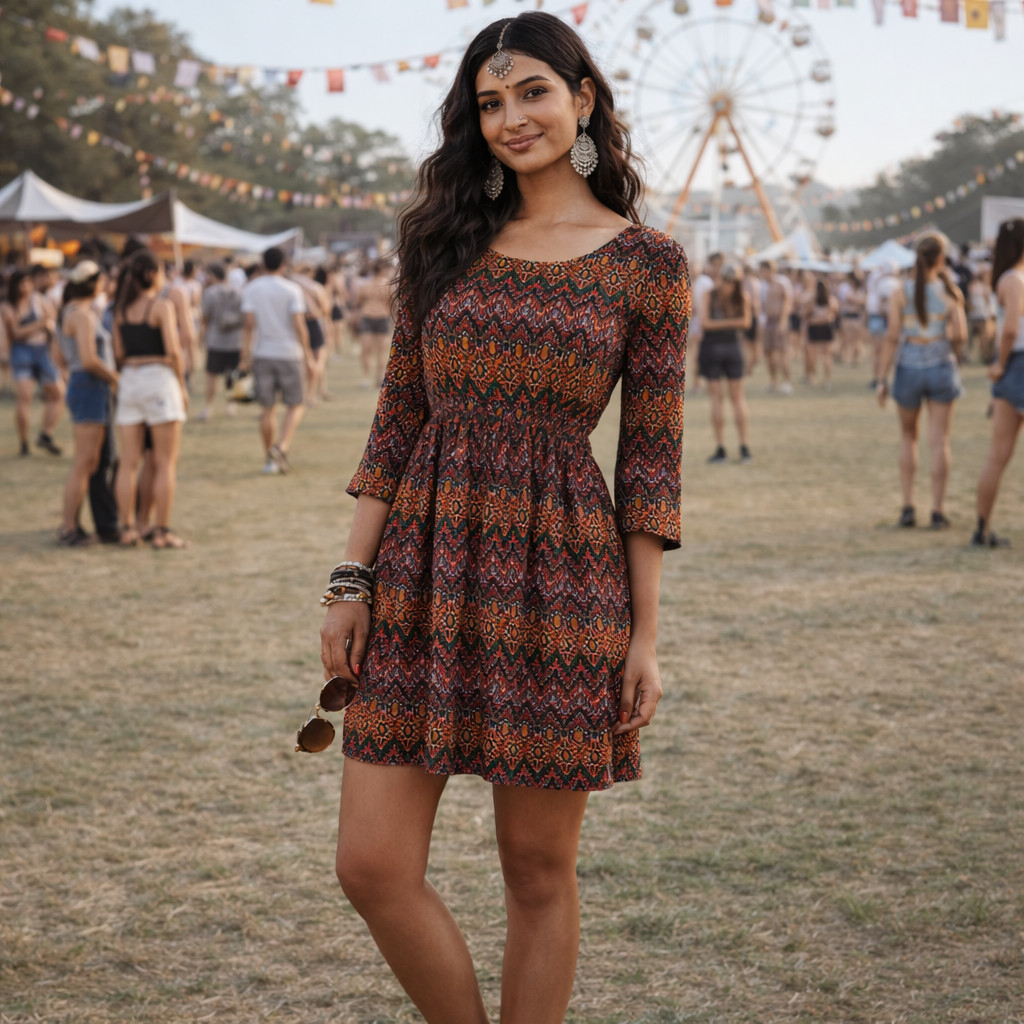 Alythea Boho Tribal Print Mini Dress Pockets Fit & Flare Aztec Festival Small