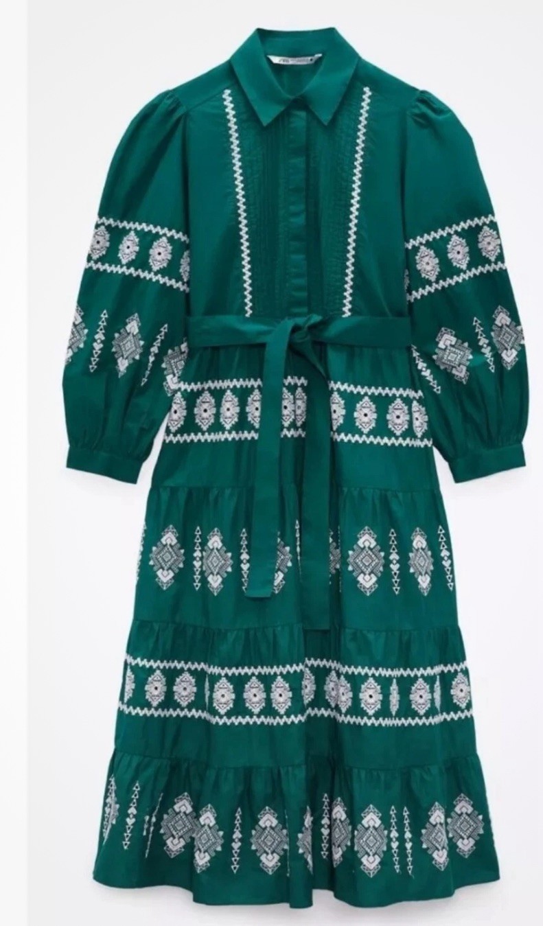 ZARA SS22 GREEN COLLARED MIDI EMBROIDERED DRESS RUFFLED HEM SIZE M 6895/051