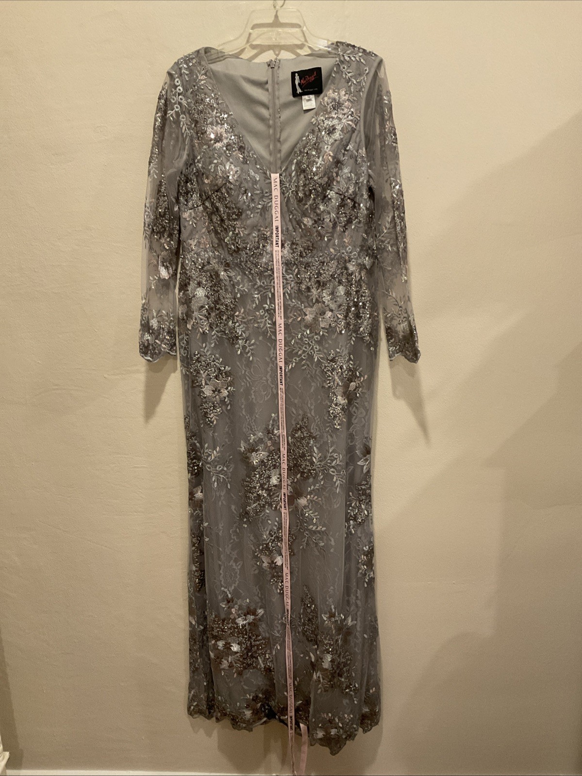 Mac Duggal 67539 Sz 12 Platinum Gray Floral Embroidered Embellished Gown $698