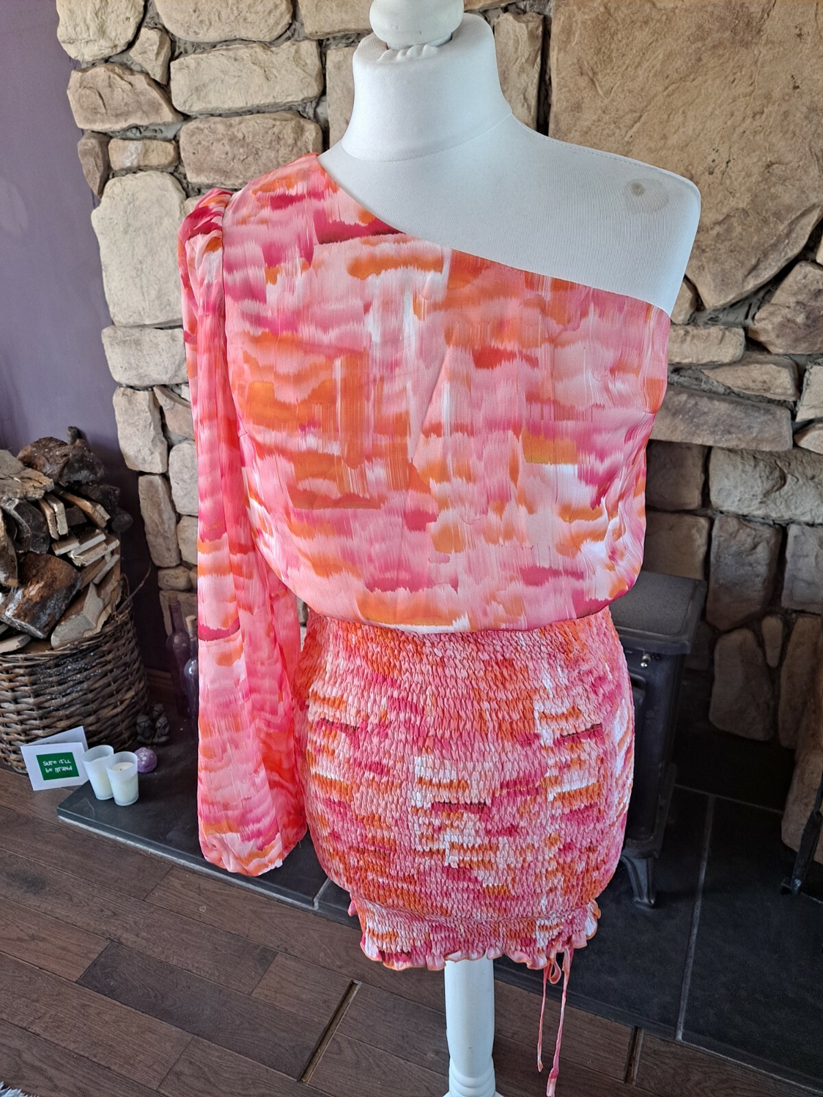 Beach City One Shoulder Pink Orange Dress Elasticated Runched Skirt Size S BNWT