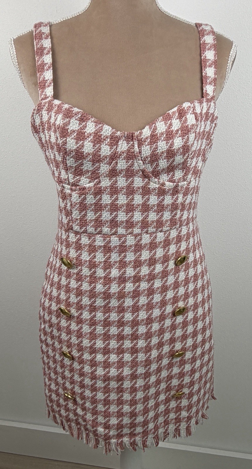 Forever 21 Pink White Tweed Houndstooth Mini Dress Gold Buttons Medium NWT