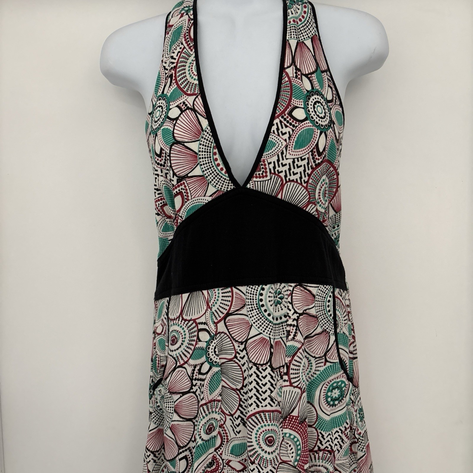 EUC Jayli Open Back Tie Halter Midi Dress Green Black Hippie Beach Boho M
