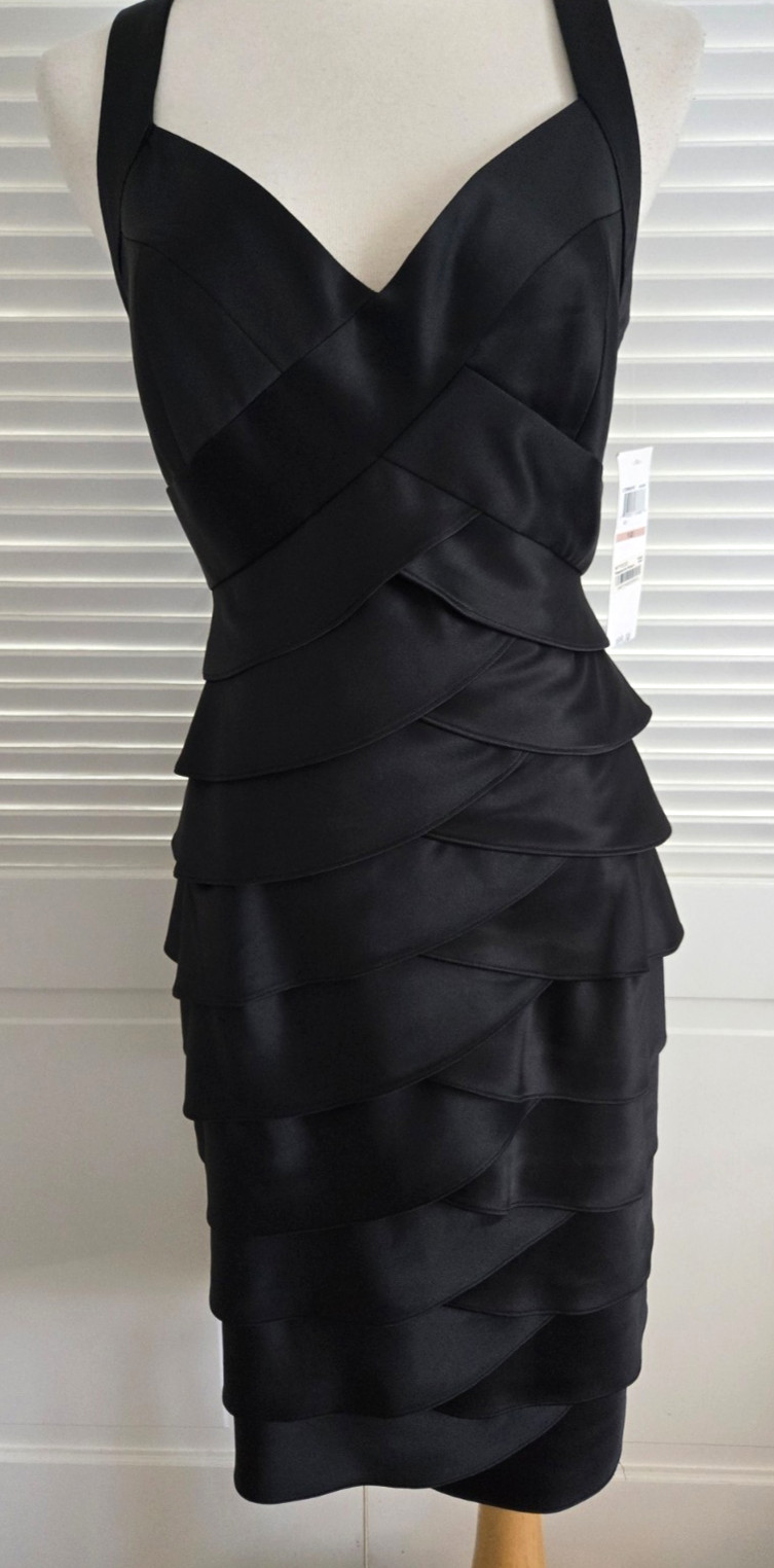 London Times Black Sateen Tiered Sleeveless Evening Fancy Dress~NWT~SZ 12
