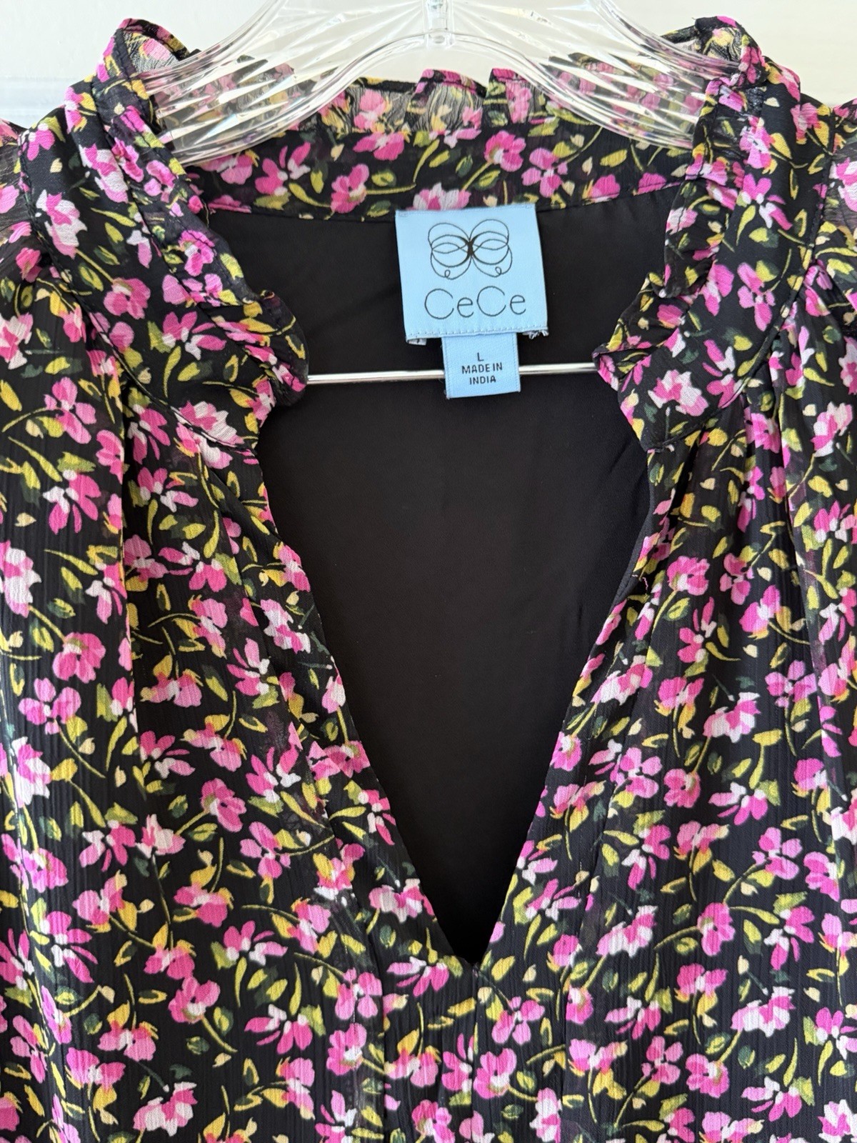 CeCe Floral Tiered Mini Dress Large Pink Black Puff Sleeve Ruffle V-Neck Boho