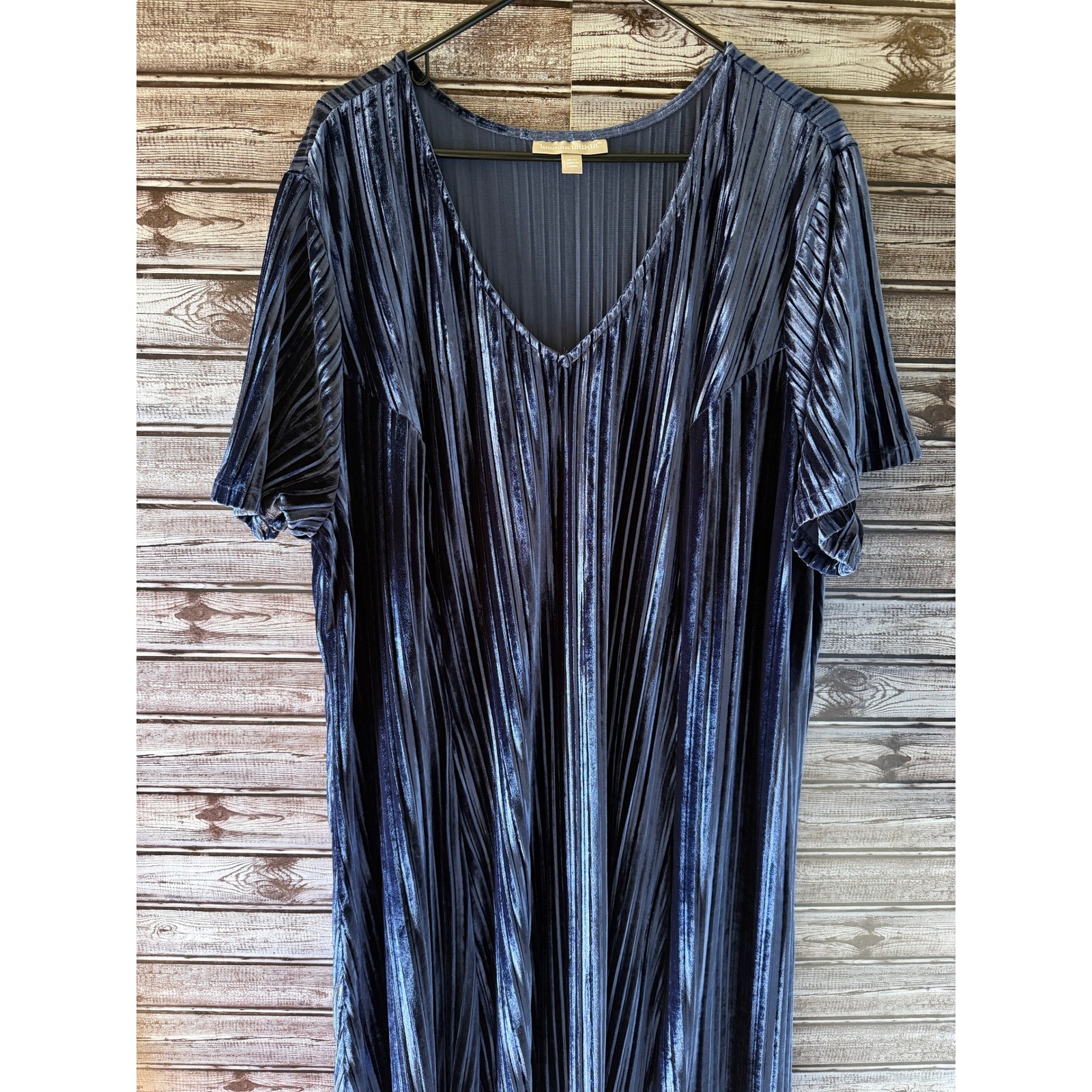 Woman Within Women’s Short-Sleeved Maxi Dress Size 30W Blue Velour Ribbed V-Neck