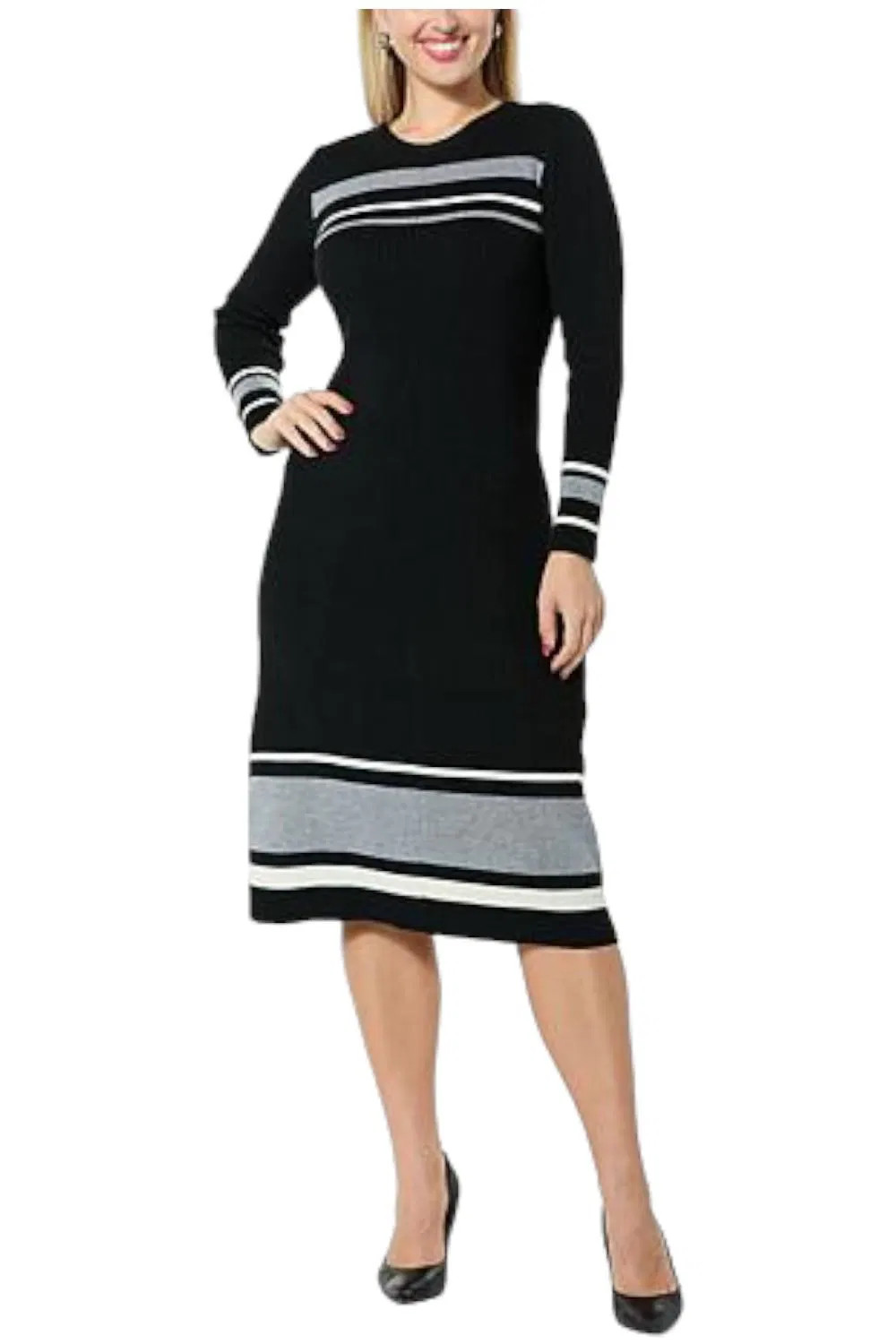 G by Giuliana Striped Ribbed Knit A-Line Sweater Dress Black Combo