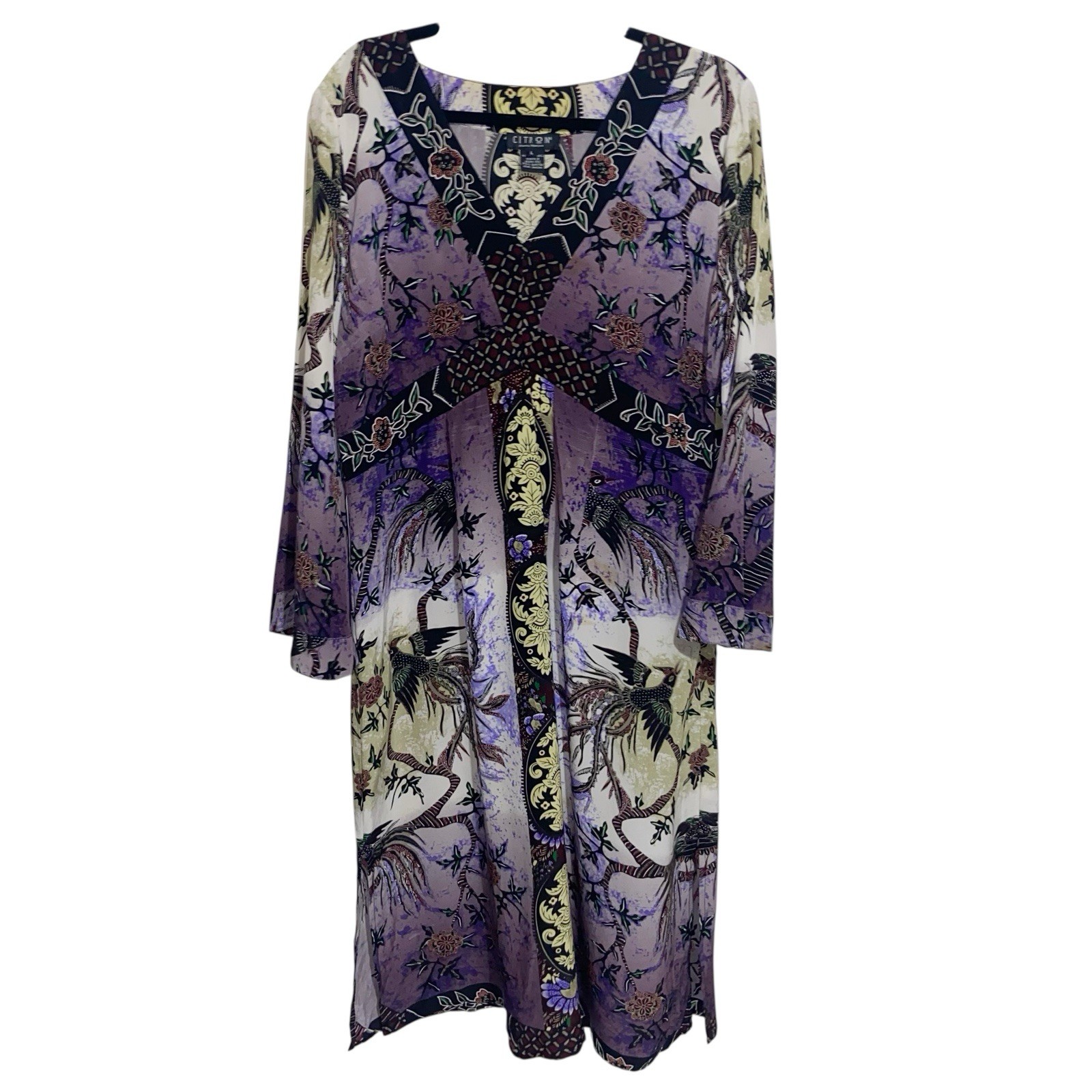 Citron Santa Monica Dress Womens Large 100% Silk Asian Bird Floral Whimsigoth