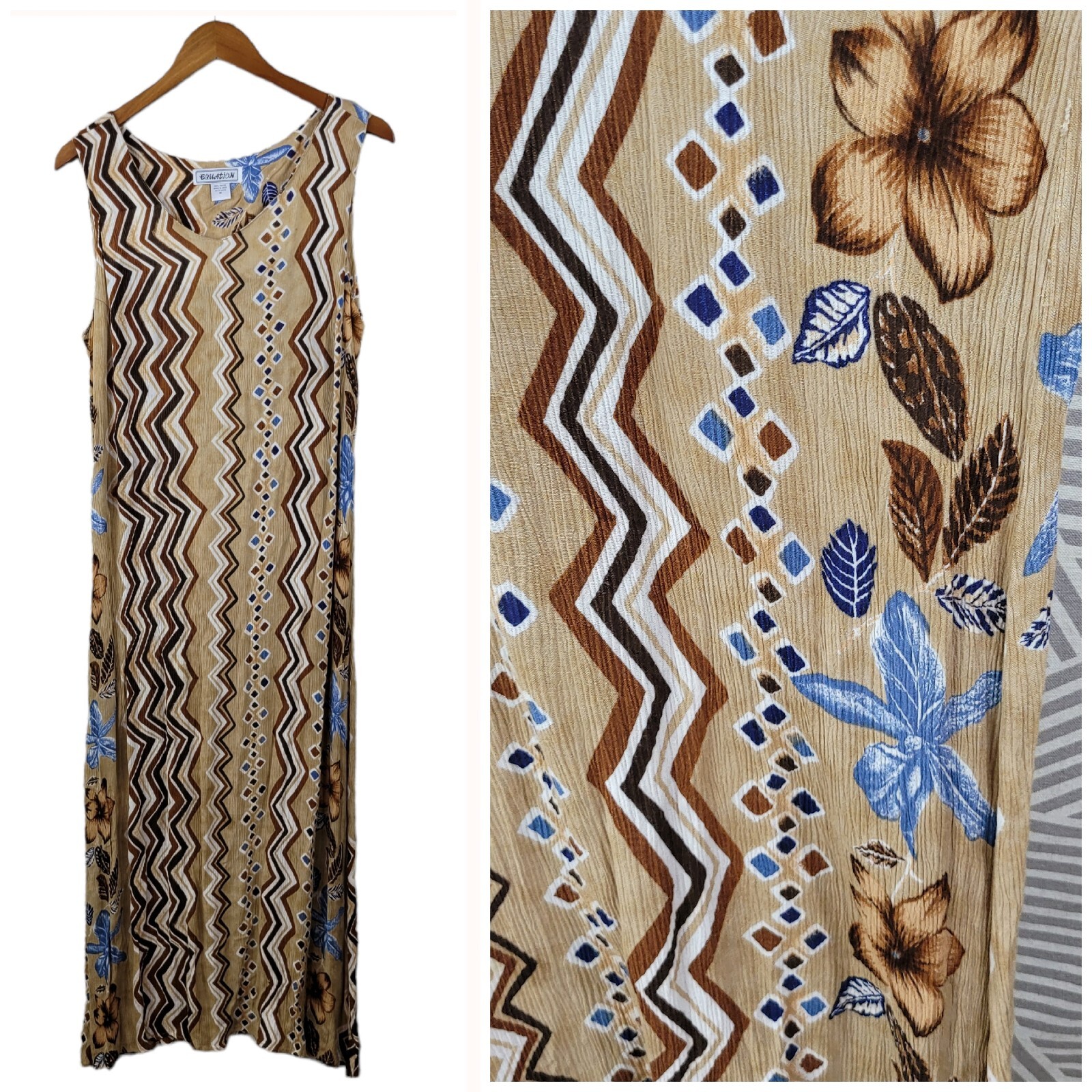 Vintage Hawaiian Dress size Medium unlined Lightweight Floral Midi Brown Blue