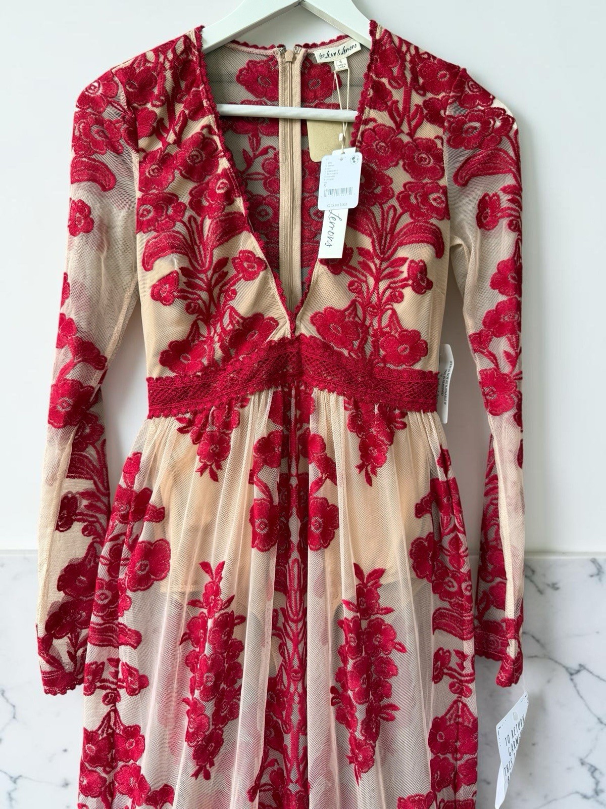 For Love & Lemons Red Berry Embroidered Mesh Maxi Dress NWT S Floral Lace